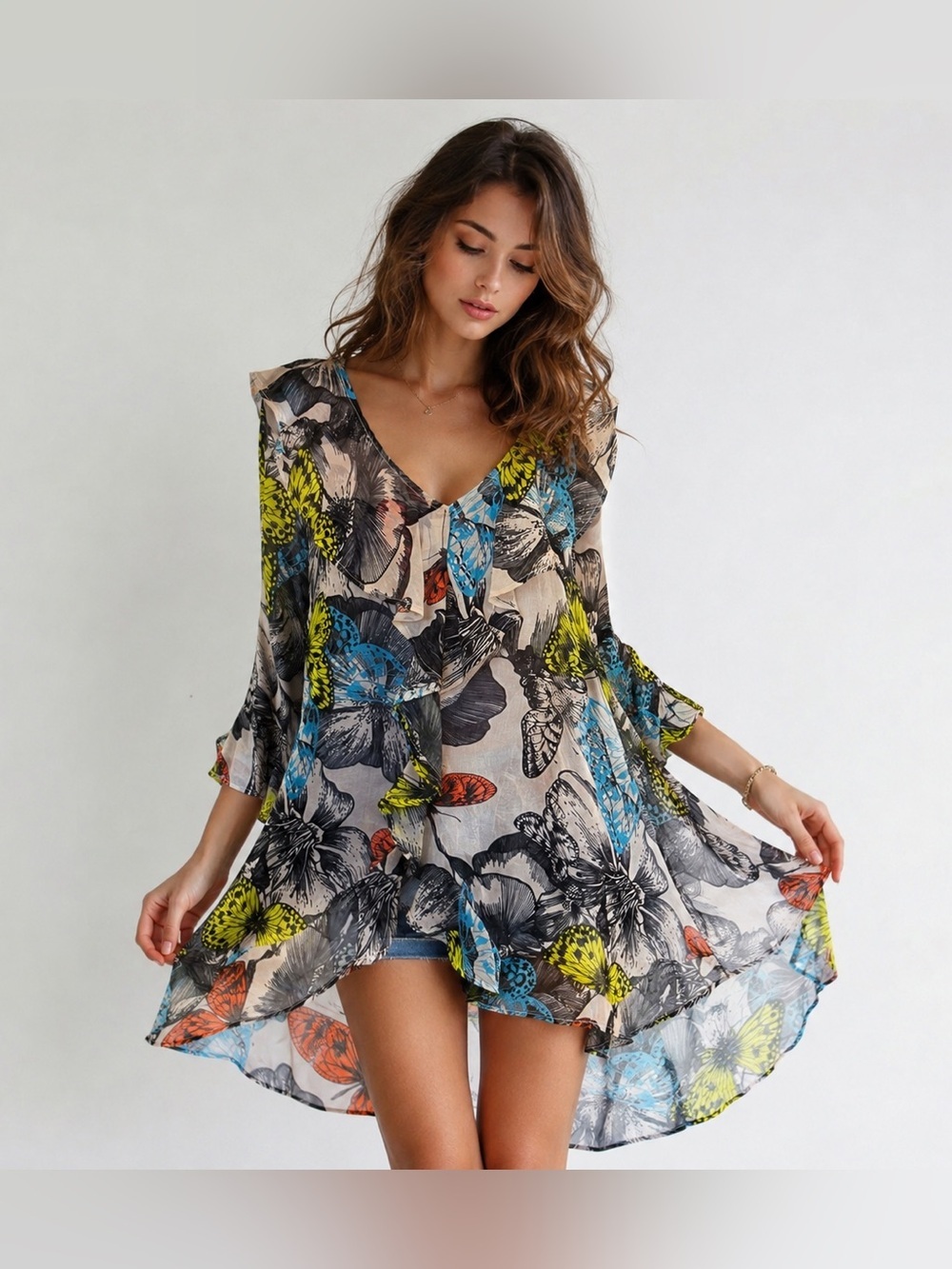 Y2K Butterfly Floral Print High Low Sheer Tunic Blouse Large Boho Ruffle Top